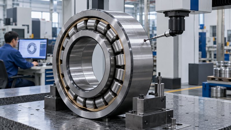 Large industrial roller bearings undergoing precision inspection in a Chinese bearing factory