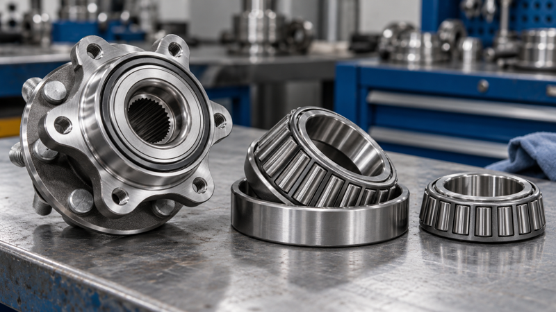 Automotive wheel hub bearings and tapered roller bearings displayed on an industrial workbench