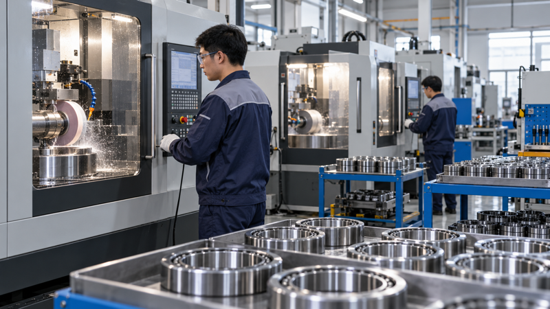 Precision bearing grinding and superfinishing equipment inside an industrial manufacturing workshop