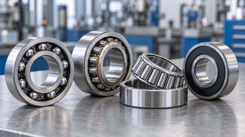 Different types of industrial ball bearings and roller bearings arranged for comparison