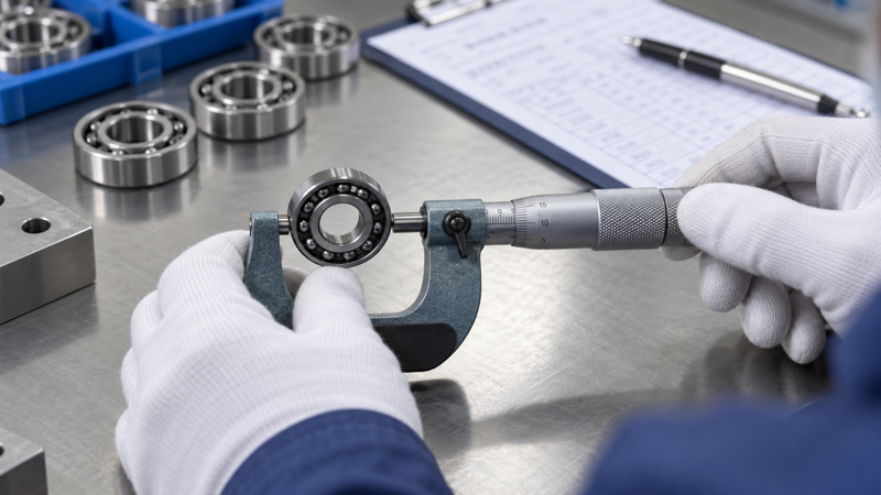 Bearing quality control technician inspecting bearing dimensions using precision measuring instruments