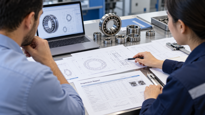 International bearing distributor reviewing inspection reports and bearing samples before placing an order