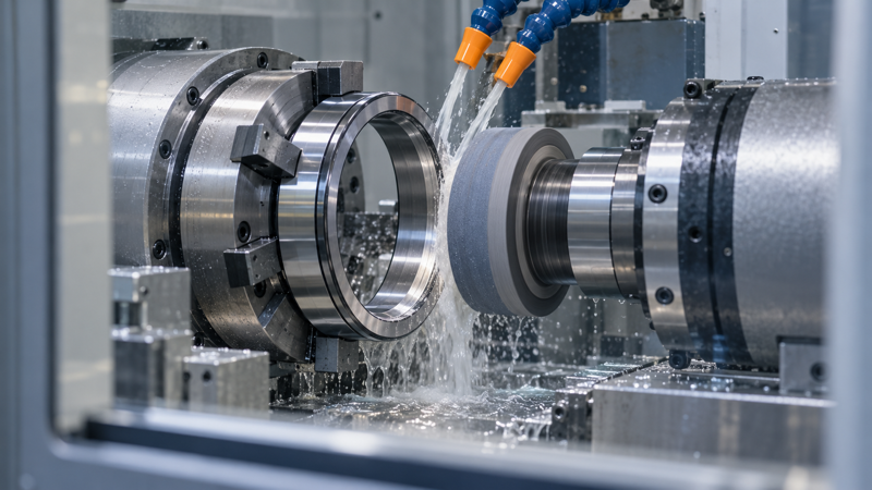 Bearing rings undergoing precision grinding in an industrial workshop