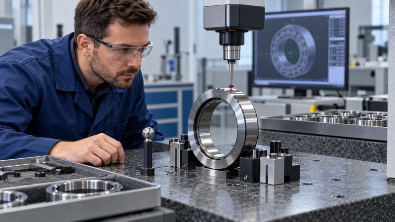 Bearing quality control engineer using precision measuring instruments