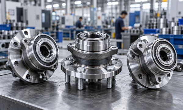 Automotive wheel hub bearings and precision bearing components displayed for industrial quality inspection