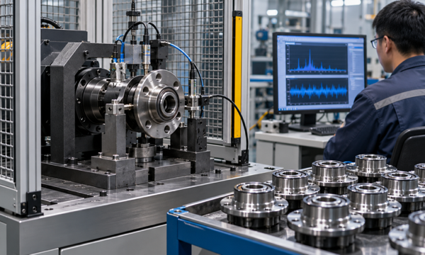 Automotive wheel bearing inspection and functional testing in a professional manufacturing workshop